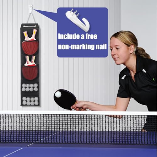 VISEMAN Ping Pong Storage Rack, Table Tennis Racket Holder Wall Mount Organizer for 4 Paddles and Balls - color: Long Black