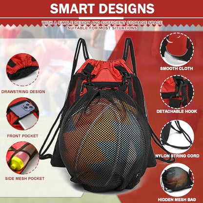 KAEGREEL Drawstring Soccer Bag Basketball Backpack for Kids Teens, Foldable Sports Bags Detachable Ball Mesh Bag for Gym Yoga Football Baseball - color: Red