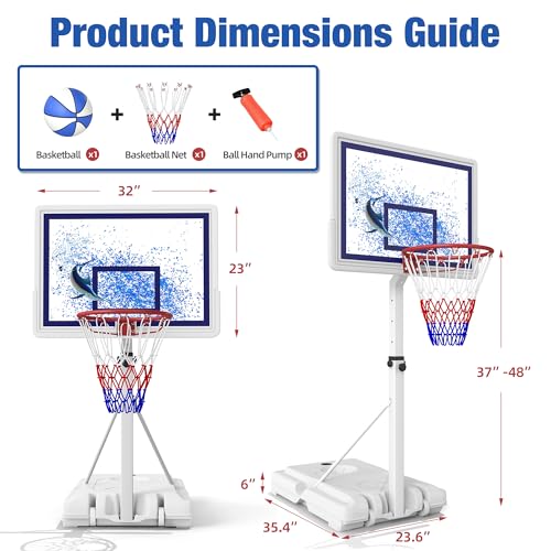 Swimming Pool Basketball Hoop with Shatterproof Backboard, Height Adjustable Basketball Hoop for Pool (3-4 FT) with 50L Fillable Base, Portable Poolside Basketball Hoop Set with Ball & Air Pump