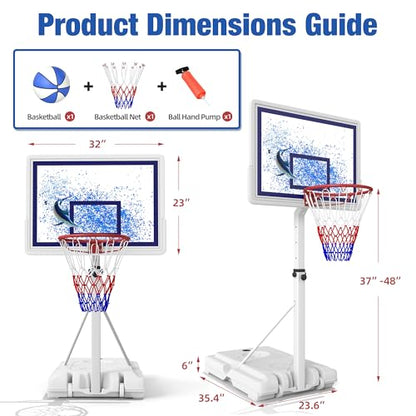 Swimming Pool Basketball Hoop with Shatterproof Backboard, Height Adjustable Basketball Hoop for Pool (3-4 FT) with 50L Fillable Base, Portable Poolside Basketball Hoop Set with Ball & Air Pump