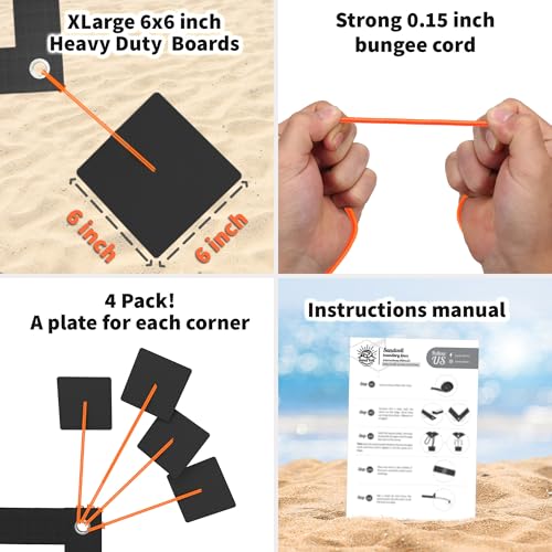 Beach Volleyball Sand Anchors - XLarge 6x6 inch Heavy Duty Plastic Boards + Elastic Thick Cord. Fits All Beach Volleyball Boundary Lines. 4 Pack (Lines not Included)