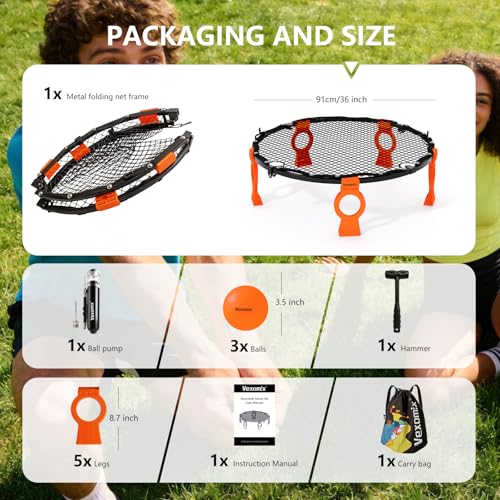 Foldable Metal Roundnet Game Set - Outdoor Games Sets with Pre-Installed Net & Screw-Fixed Pro Bounce - No Net Assembly - Includes 3 Balls, Pump, Case & Rules - Orange