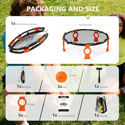 Foldable Metal Roundnet Game Set - Outdoor Games Sets with Pre-Installed Net & Screw-Fixed Pro Bounce - No Net Assembly - Includes 3 Balls, Pump, Case & Rules - Orange