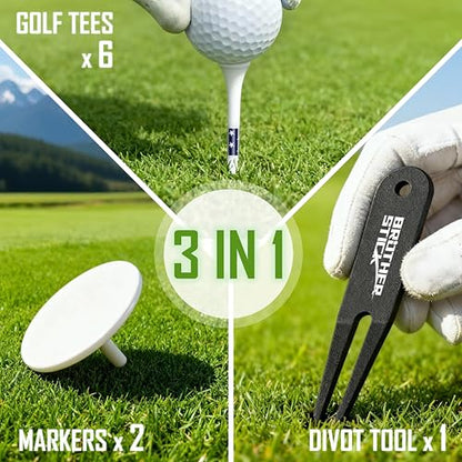 Golf Tee Holder for Golf Bag Accessories for Men, 3-in-1 Tee Caddy, Includes 6 Golf Tees, Divot Repair Tool & Golf Ball Marker, Stylish Golf Gifts for Men & Women
