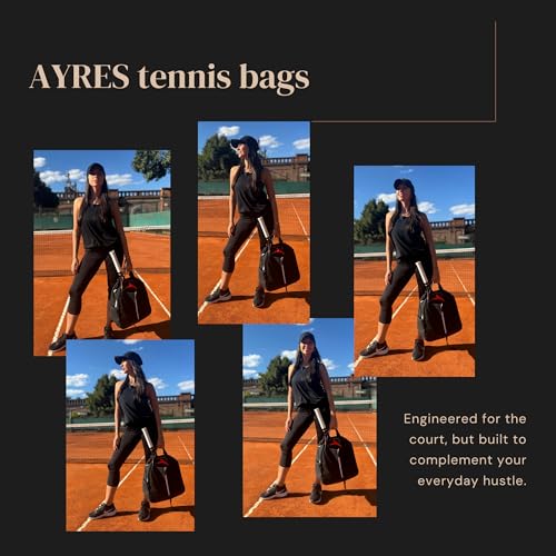 AYRES Tennis Backpack - Spacious Womens Tennis, Padel & Pickleball Bag | Quick-Access Racket Compartment (Fits 2) | Designer Tennis Bag, Water-Resistant & Easy To Clean, Makeup Pouch Included - color: Black