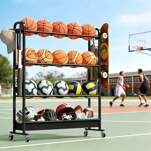 Adjustable Basketball Rack with Wheels, 4-Tier Sports Ball Storage Cart for Basketball Football Volleyball Soccer & More, Holds up to 20 Balls