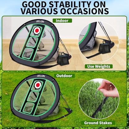 Golf Chipping Net and Mat Set - Pop Up Foldable Indoor Training Target with 2 Hitting Mats and 12 Practice Balls - Gifts for Men, Golfers, Teenage Boys