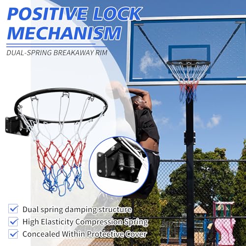 Solid Basketball Rim, Athfiner 18" Basketball Hoop Replacement Wall Mounted Outdoor Indoor Hanging Double Spring with All Weather Net