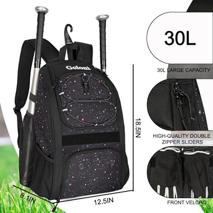 Goloni Youth Baseball Bag,Baseball Backpack with Shoes Compartment,Softball Bag with Fence Hook for T-Ball Bat & Equipment - color: Starry Sky Black