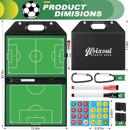 Soccer Coaching Board with Leather Cover, Magnetic Dry Erase Clipboard with Handle for Soccer Coaches | Foldable Full & Half Field Tactics Board with Markers and Clips - style: Soccer