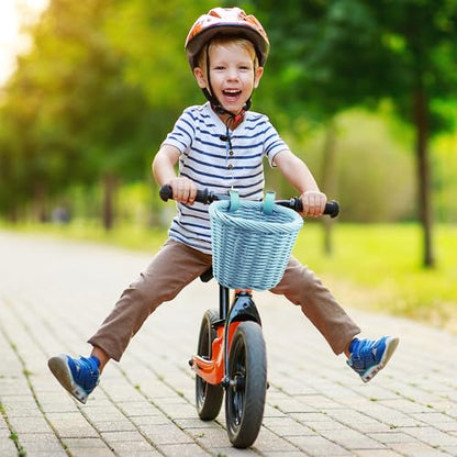 Kids Bike Basket Woven Basket Front Handlebar Wicker Bicycle Basket with Adjustable Straps for Boys Girls Bicycle Scooter - color: Blue
