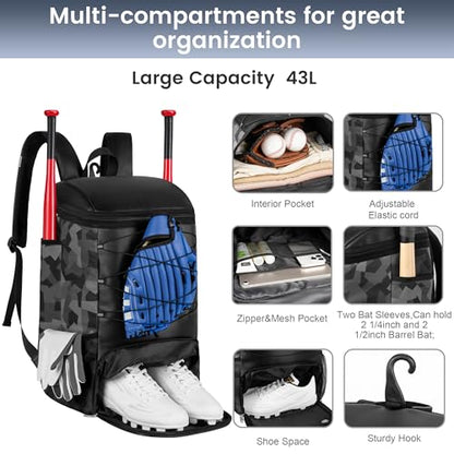 Softball Bag for Youth Adult, Large Leather Baseball Bat Backpack with Shoe Compartment, Waterproof Baseball Bag with Fence Hook for TBall Bat & Equipment