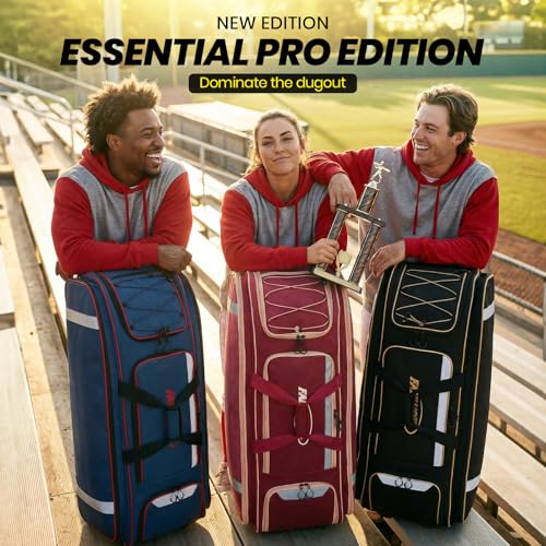 100L Rolling Catchers Gear Bag - Large Baseball & Softball Duffle with 5 Fence Hooks, Locker-Style Organizer, Holds 8 Bats, Vented Shoe Zone - Essential Pro Edition - color: Prime Black