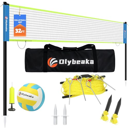32ft Regulation Size Portable Outdoor Volleyball Net Set System for Backyard Beach with Height Adjustable Poles, PU Volleyball and Pump, Carry Bag, Boundary Line - Easy Set Up & Anti-Sagging