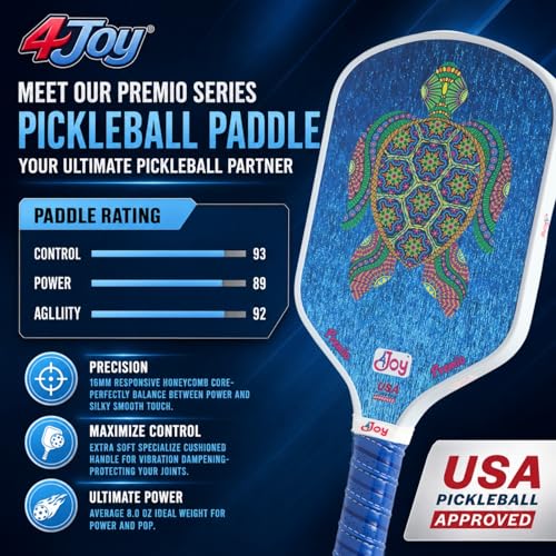 4Joy AMP4 Pickleball Paddle – T700 Carbon Fiber, Lightweight 7.5 oz, Wide Face for Control, 14mm Core, Beginner to Low-Intermediate - USAP Approved - style: Turtle