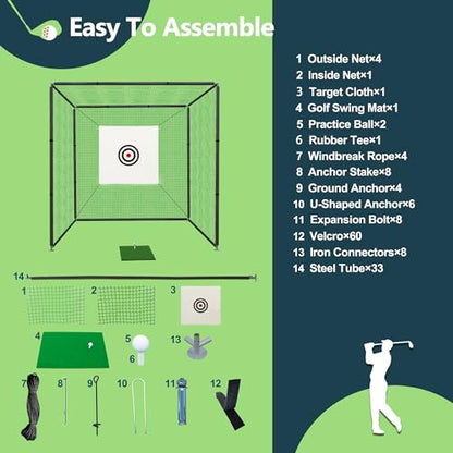 Golf Cage Net with Steel Frame 10x10x10 Ft Golf Practice Nets Used for Indoor Full Swing Practice and Chopping Practice, Including Target Fabric and Swing Pad