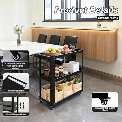 3 Tier Metal Utility Rolling Cart with Wheels, Heavy Duty Storage Organizer Trolley Cart for Kitchen, Bathroom, Office, Bedroom – Multi-Purpose 330Lbs Capacity Utility Cart on Wheels, Black - color: Black