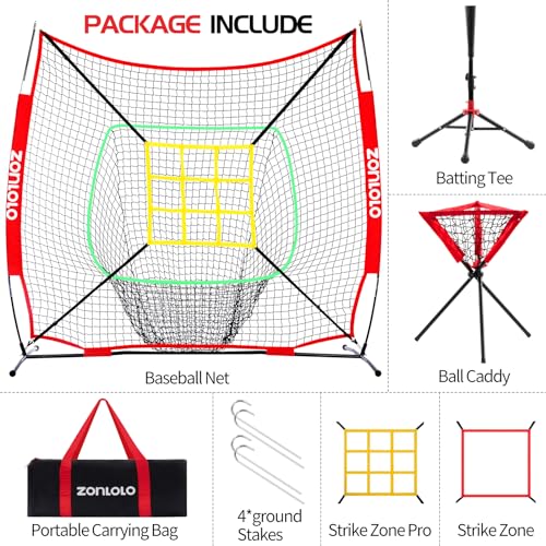 ZONLOLO 6x6ft Portable Baseball & Softball Net for Hitting，Pitching and Throwing, with Sturdy Bow Frame,Battting Tee,Ball Caddy and 2 Strike Zones, Perfect Pitching net for Kids!