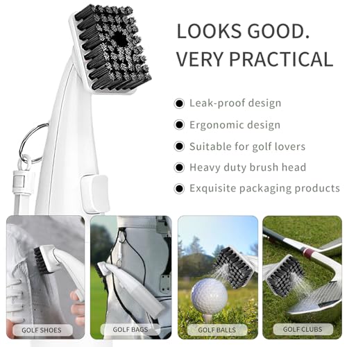 Pro Golf Club Brush Cleaner - Squeeze Bottle with Nylon Bristles - Push Button Spray - 9.8 Inches Holds 8 Oz Water - Best Golf Gifts for Men/Women (White)