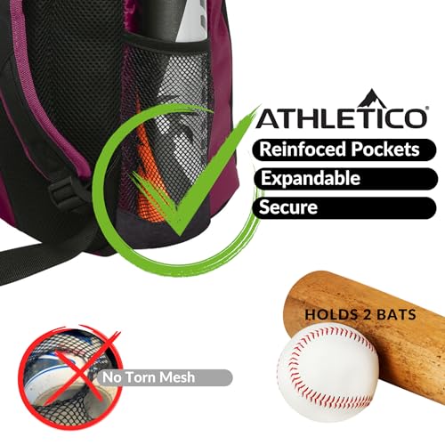 Athletico Youth Baseball Bag - Bat Backpack for Baseball, T-Ball & Softball Equipment & Gear | Holds Bat, Helmet, Glove | Fence Hook - color: Maroon