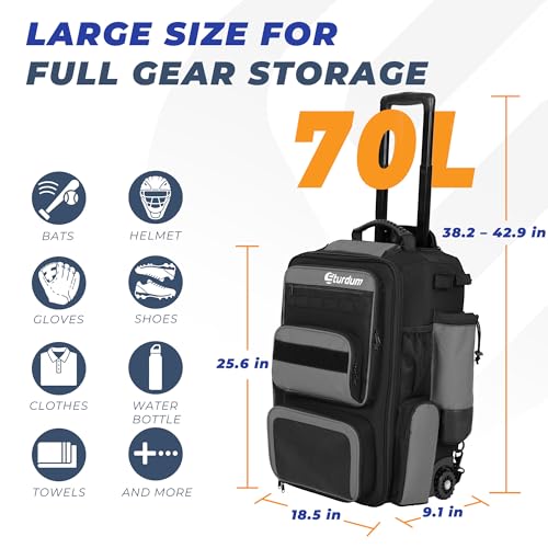 Rolling Baseball Bag with Wheels, 70L Large Capacity Baseball Backpack with Hidden Shoulder Strap, Sturdy Softball Bag with Multi-Pockets, Shoe Compartment, Fence Hooks for Players, Coaches - color: Grey