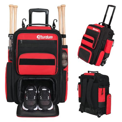 Rolling Baseball Bag with Wheels, 70L Large Capacity Baseball Backpack with Hidden Shoulder Strap, Sturdy Softball Bag with Multi-Pockets, Shoe Compartment, Fence Hooks for Players, Coaches - color: Red