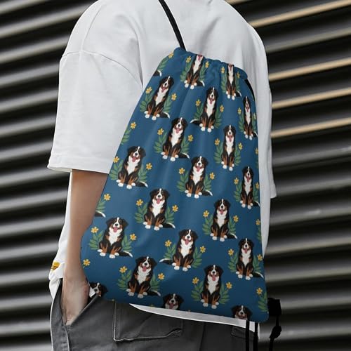 Gym Drawstring Backpack Water Resistant Sackpack with Compartment for Swimming Beach Sports Travel Unisex, Floral Bernese Mountain Dog Navy Blue Bags - color: Picture (355)
