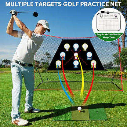 Professional Golf Net, 10x7Ft Golf Practice Hitting Net with Scoring Target Cloth, Tri-Turf Mat, Balls, Tee, Carring Bag, Scorecard, Portable Hitting Nets for Backyard Traning Chipping Indoor Outdoor