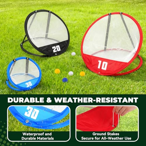 AuntyFey Golf Chipping Net, Golf Chipping Game, 3Pcs Pop-Up Golf Practice Net Backyard with 3 Targets, 15 Balls, 1 Hitting Mat, 1 Storage Bag, Indoor Outdoor Game Gift(Golf Clubs not Included)
