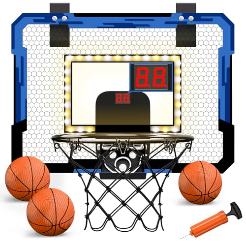 QDRAGON Mini Basketball Hoop, Over The Door Indoor, with 3 Balls/Inflator/Breakaway Rim, Basketball Toy Gifts for Kids and Adults, Suit for Bedroom/Office/Outdoor, Blue with Scoreboard & Led - color: Blue&white