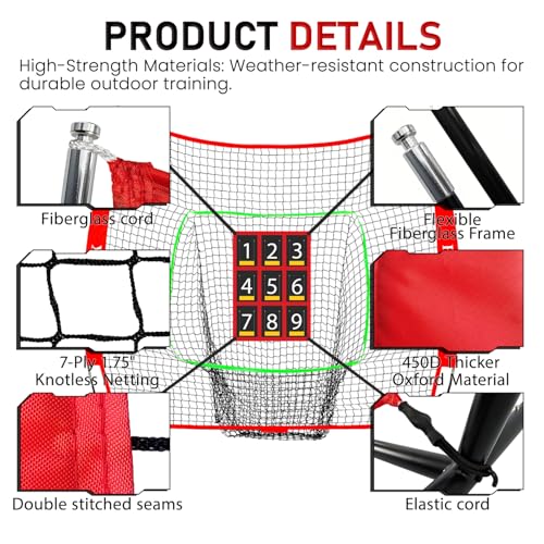 7x7 ft Baseball & Softball Practice Net with 9 Numbered Strike Zone | PRO Training Net for Hitting, Pitching & Batting | with Carry Bag, Bow Frame for All Ages & Skills - color: red