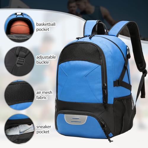 Basketball Backpack - Large Sports Equipment Bag with Ball Holder & Shoe Compartment for Basketball. (blue) - color: Blue