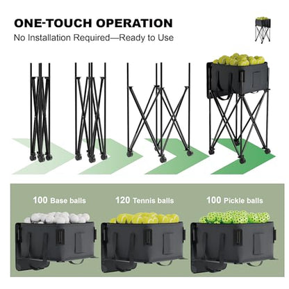 Tennis Ball Hopper for 120 Balls，Tennis Ball Basket with Removable Storage Bag，Wheeled Tennis Ball Cart for Serve Training ，Portable Pickleball Baseball Hopper Basket