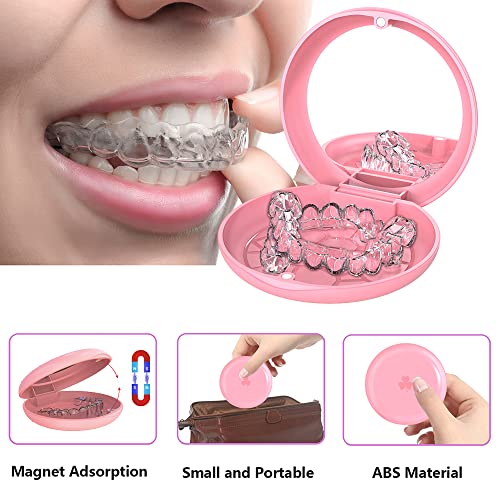 2-Pack Ultra-Thin Round Aligner & Retainer Case with Magnetic Closure – Slim Portable Travel Container for Braces, Mouth Guard, Night Guard, BPA-Free Anti-Slip Water Ripple Design (Rose) - color: Rose