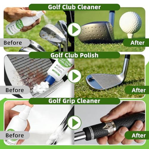 Pro Golf Club Cleaning Kit – Cleaner, Polish, Grip Cleaner, Brush, Towel & Bag | Restores Irons & Drivers, Removes Rust & Scratches, Renews Grip | Golf Gifts for Men