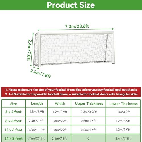 Soccer Net, Soccer Goal Replacement Net for 24x8ft, 12x6ft, 8x6ft and 6x4ft, Football Goal Post Netting, Adults and Youth Soccers Practice 5 Size Ball - size: 24X8FT