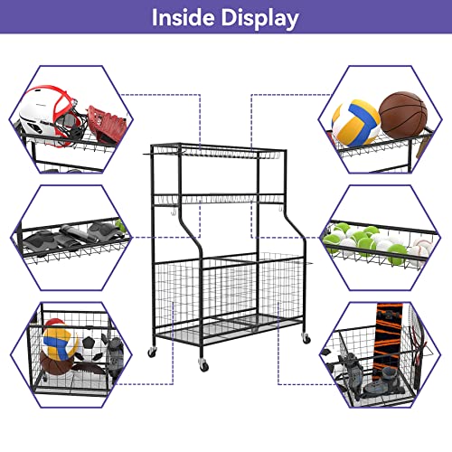 WALMANN Garage Ball and Sports Equipment Organizer, Ball Storage Rack Indoor/Outdoor Kids Balls/Toys Storage Stand, Rolling Ball Cart