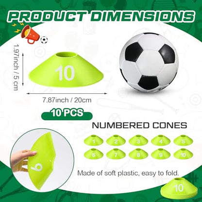10 Pcs Numbered Sports Disc Cones 1-10 Soccer Cones with Mesh Carry Bag Flexible Agility Cones Soft Field Cones for Gym PE Classes School Activities Games, Sports Training Equipment - color: Green