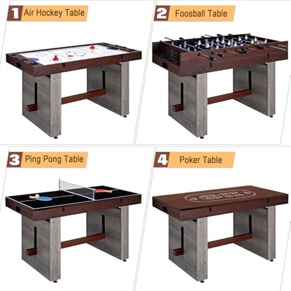 4-in-1 Combo Game Table 55" Multi-Game Table with Foosball, Electric Air Hockey (Powerful 700mA Motor), Ping Pong & Poker Great for Home & Game Room Fun