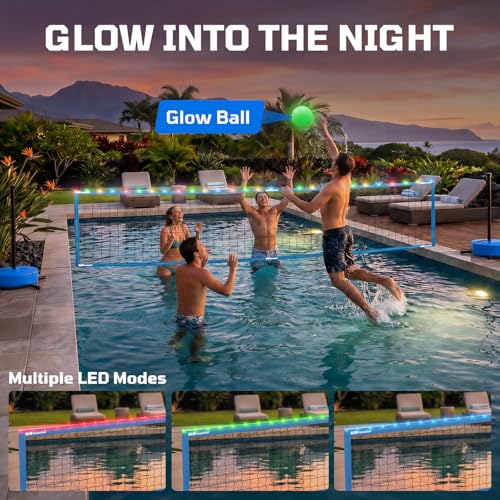 Haokelball LED Pool Volleyball Net Set, 15-32ft Adjustable Volleyball Net for Pool with Heavy Duty Base, Pool Volleyball Set for Inground Pools, Pool Toys & Pool Games for Kids & Adults, 2 Balls