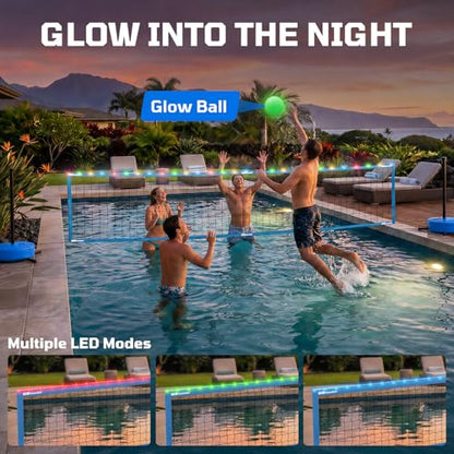 Haokelball LED Pool Volleyball Net Set, 15-32ft Adjustable Volleyball Net for Pool with Heavy Duty Base, Pool Volleyball Set for Inground Pools, Pool Toys & Pool Games for Kids & Adults, 2 Balls
