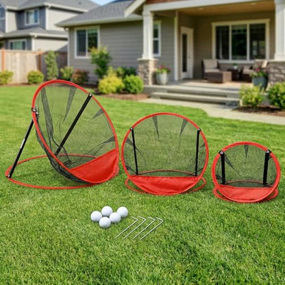 Jucoan 3 Pack Golf Chipping Net, 3 Sizes Pop Up Golf Target Practice Net for Indoor and Outdoor, Gifts for Father's Day Men, Husband, Kid, Golfers, 6 Ground Stakes