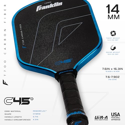 Franklin Sports PRO Pickleball Paddles – C45 Carbon Fiber Series - Official USAP + UPA Approved – Pro Player Design - color: Hybrid |Electric Blue, size: 14 mm