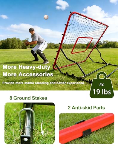Baseball Rebounder Net Weighted Steel Frame Baseball Net 4 Adjustable Angles Anti-Skid Baseball Bounce Back Net with Flexible Target Webbing & 8 Stakes for Volleyball Softball Lacrosse (48x52inch)