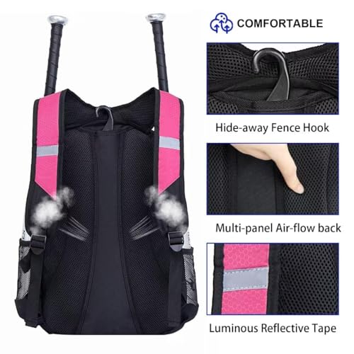 DAFISKY Baseball Bag Softball Backpack - Youth Adult T Ball Bat Equipment Bag with Bat Helmet Holders, Shoe Compartment - color: Pink