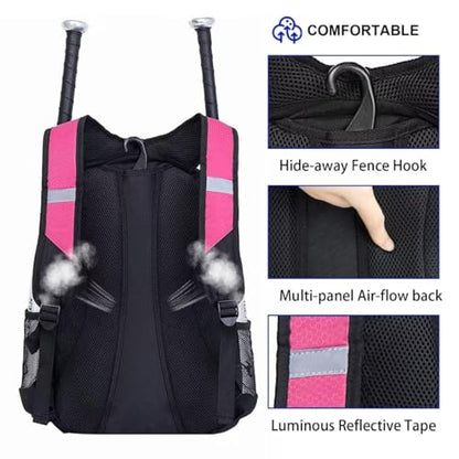 DAFISKY Baseball Bag Softball Backpack - Youth Adult T Ball Bat Equipment Bag with Bat Helmet Holders, Shoe Compartment - color: Pink