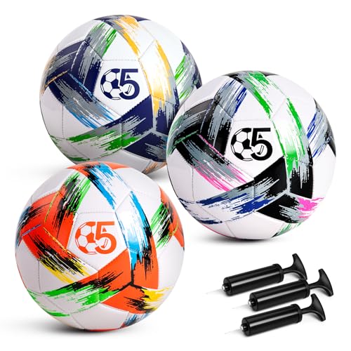 Soccer Ball Size 5 Size 4 size 3 Deflated - Bright Tri-Color Design, Vibrant & Multicolor Indoor/Outdoor Training Sports Ball - Official Size for Kids Youth Teens Adult - Ideal Soccer & Birthday Gift - color: 3 Pack, size: Size 5