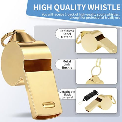 Whistle, 2 Pack Stainless Steel Sports Whistles with Lanyard, Loud Crisp Sound Whistles Great for Coaches, Referees, and Officials，Outdoor Enthusiasts,Life Saving,Hiking,Pets Training
