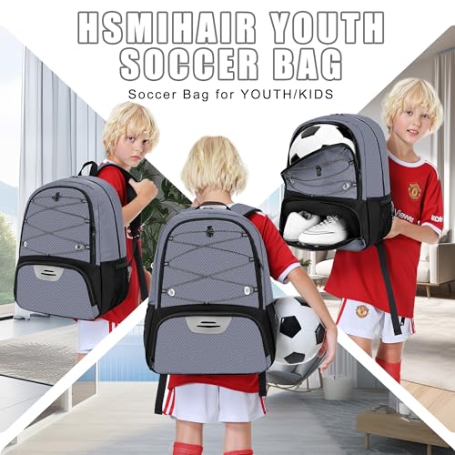Hsmihair Youth Soccer Bag-Soccer Backpack&Backpack for Football Basketball,with Ball Compartment Separate Cleat Package - color: Grey
