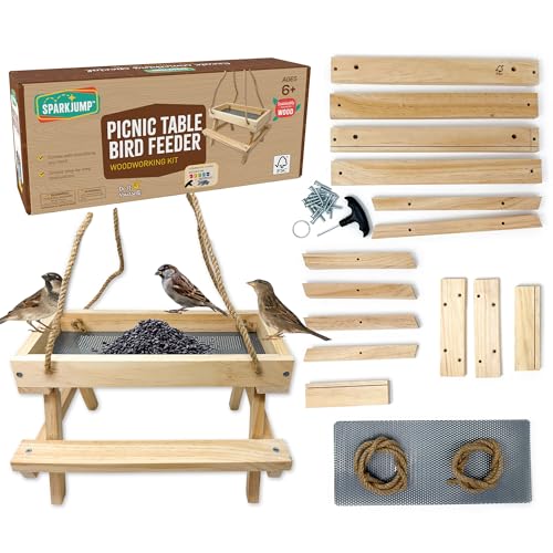 SparkJump Picnic Table Bird and Squirrel Feeder Kit, DIY Woodworking Project for Kids and Families, Complete Tools and Paint Set, FSC-Certified Sustainable Wood, Backyard Nature Activity, Ages 6+